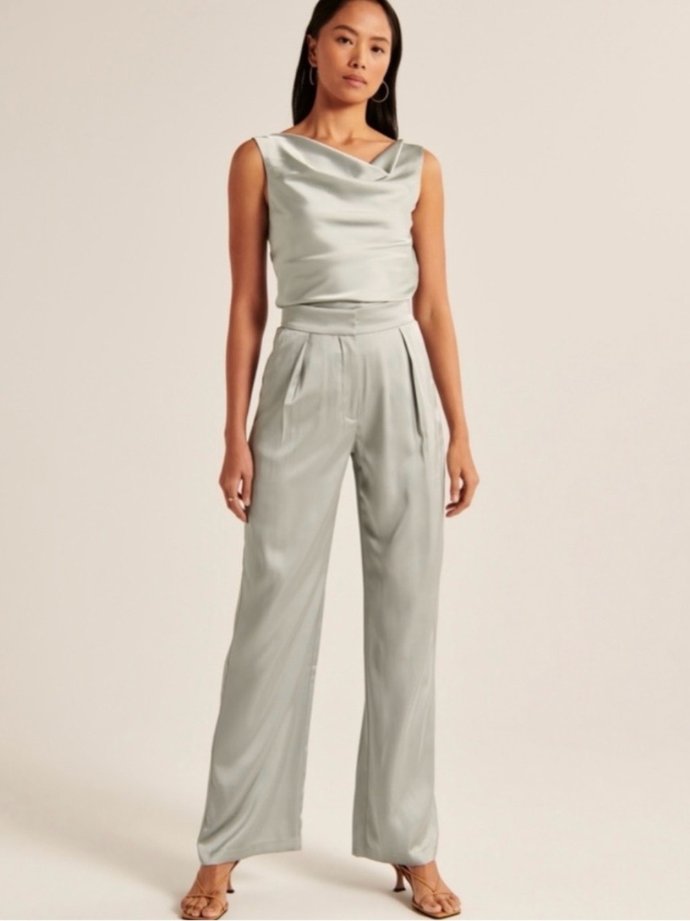 NWT Abercrombie & Fitch Sage Green Satin Tailored Wide-Leg Pants Sz 28